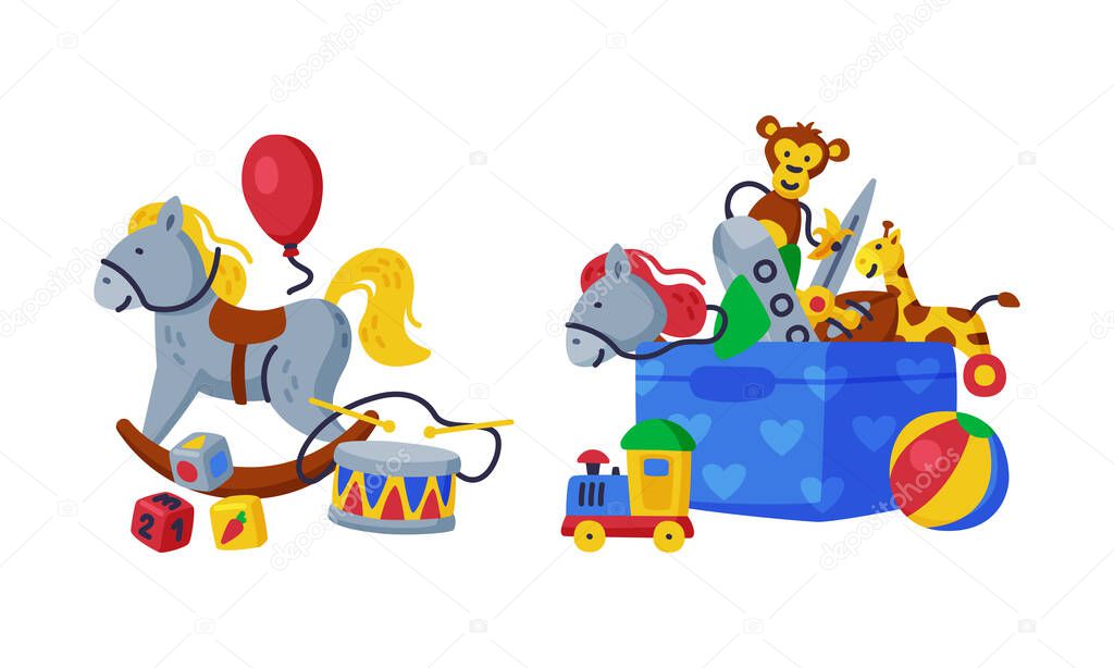 Kids Toy Box with Rocking Horse and Drum Vector Set