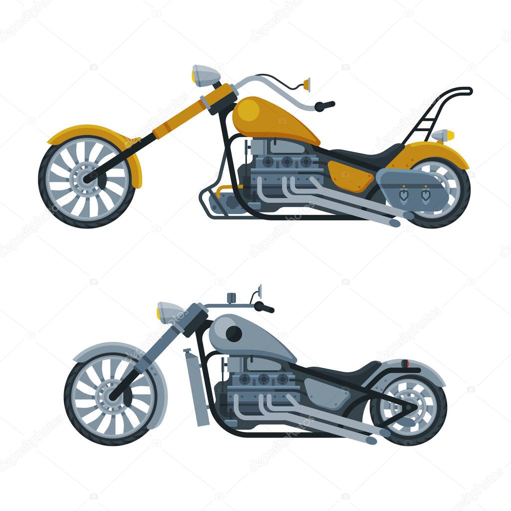 Motorcycle or Motorbike Type as Two-wheeled Motor Vehicle Side View Vector Set