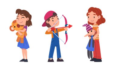 Little Boy and Girl Holding Favorite Toy Bow and Doll Vector Set