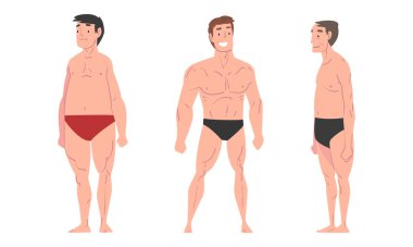 Man Character in Trunks Standing and Sunbathing at Sun Vector Set