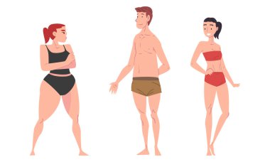 People Character in Swimsuit and Trunks Standing and Sunbathing at Sun Vector Set