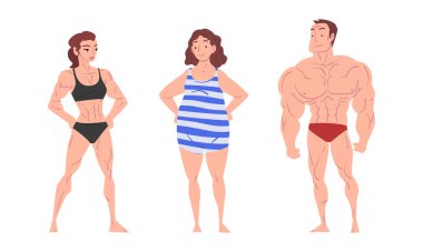 People Character in Swimsuit and Trunks Standing and Sunbathing at Sun Vector Set