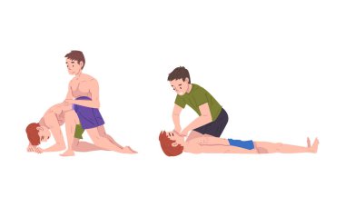 Emergency First Aid Procedure with Man Helping Victim Vector Set