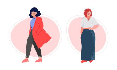Pretty Body Positive Woman in Stylish Outfit Standing Vector Set