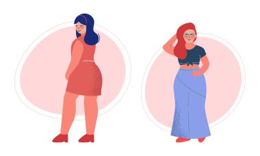Pretty Body Positive Woman in Stylish Outfit Standing Vector Set