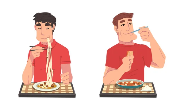 Homme manger délicieux repas de la plaque assise à la table avec ensemble vectoriel nappe à carreaux — Image vectorielle