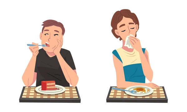 Man and Woman Eating Delicious Meal from Plate Sitting at Table with Checkered Tablecloth Vector Set — стоковый вектор