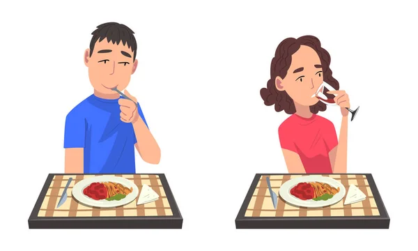 Man and Woman Eating Delicious Meal from Plate Sitting at Table with Checkered Tablecloth Vector Set — Stock Vector