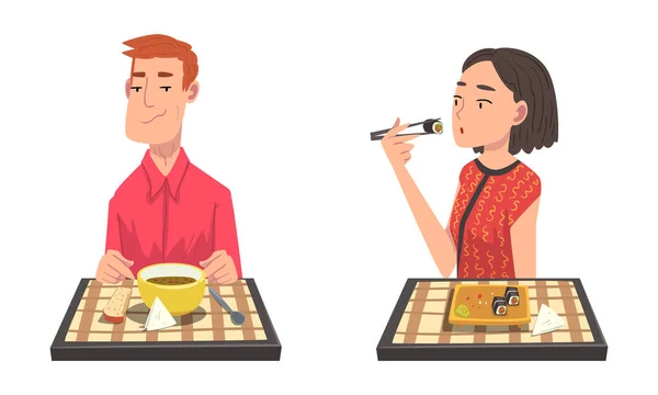 Homme et femme manger délicieux repas de la plaque assise à la table avec nappe à carreaux ensemble vectoriel — Image vectorielle
