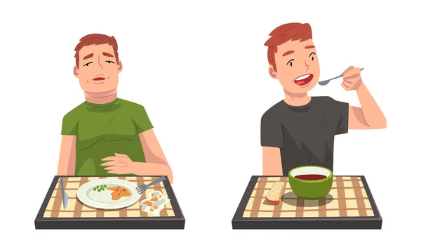 Man Eating Delicious Meal from Plate Sitting at Table with Checkered Tablecloth Vector Set — стоковый вектор