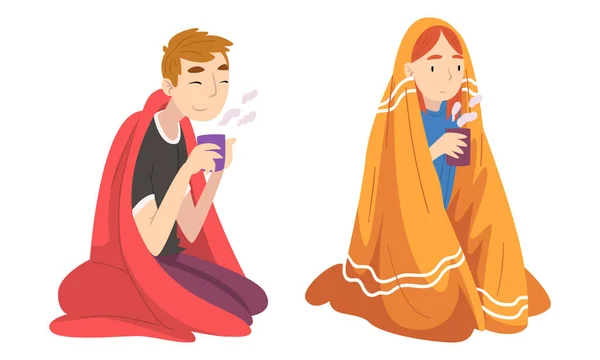 Man and Woman Sitting Covered with Cozy Plaid Enjoying Hot Drink in Mug Vector Set — Image vectorielle
