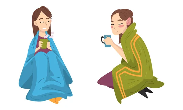Woman Sitting Covered with Cozy Plaid Enjoying Hot Drink in Mug Vector Set — Vector de stock