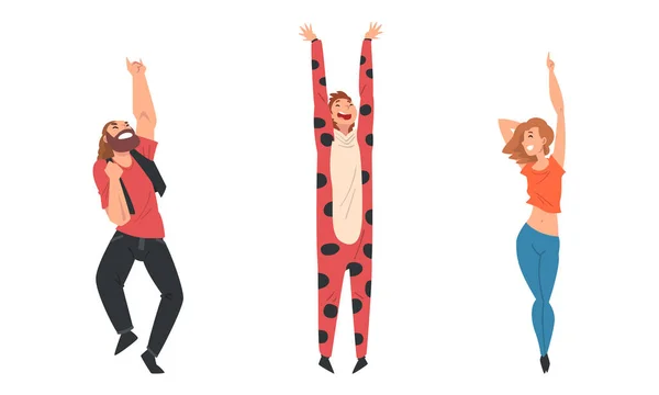 People Character Dancing at Disco Party Moving Hands and Legs Vector Set - Stok Vektor