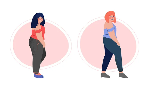 Pretty Body Positive Woman in Stylish Outfit Standing Vector Set — Vetor de Stock