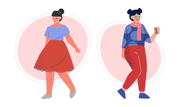 Pretty Body Positive Woman in Stylish Outfit Standing Vector Set — Stockvektor