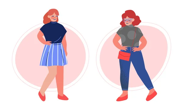 Pretty Body Positive Woman in Stylish Outfit Standing Vector Set — Stockový vektor