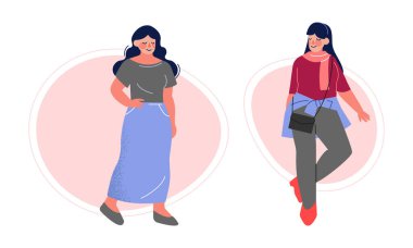 Pretty Body Positive Woman in Stylish Outfit Standing Vector Set
