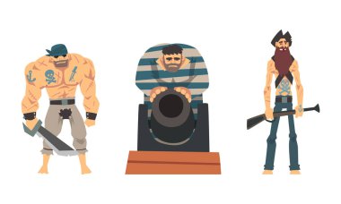 Bearded Brutal Man Pirate or Buccaneer Character Standing and Smiling with Cannon and Rifle Vector Set