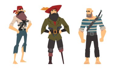 Bearded Brutal Man Pirate or Buccaneer Character Standing with Sword and Pistol Vector Set