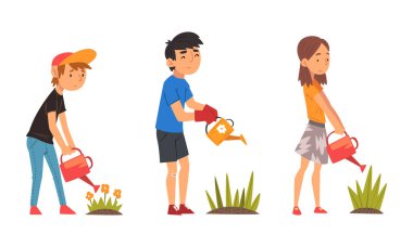 Little Kid Character Watering Plant Sprout Growing in Soil Vector Set