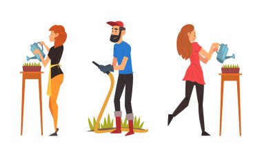 Man and Woman Character Watering Plant Sprout Growing in Pot Vector Set