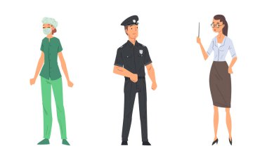 Woman Teacher in Glasses with Pointer and Man Police Officer Vector Set