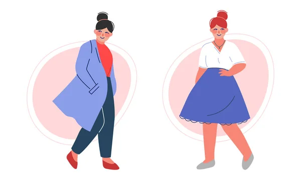 Pretty Body Positive Woman in Stylish Outfit Standing Vector Set — Archivo Imágenes Vectoriales