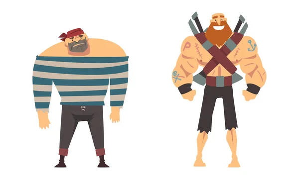 Bearded Brutal Man Pirate or Buccaneer Character Standing and Smiling with Crossed Swords Behind Vector Set - Stok Vektor