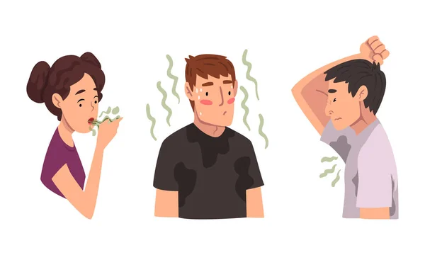 Hombre y mujer respirando a la mano sintiendo mal olor de su boca y conjunto de vectores de axila — Archivo Imágenes Vectoriales