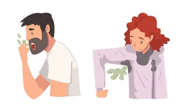 Man and Woman Breathing to the Hand Feeling Bad Smell from Their Mouth and Armpit Vector Set — Archivo Imágenes Vectoriales