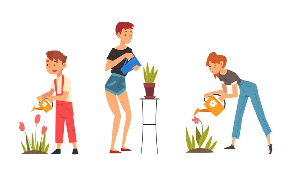 Woman and Boy Character Watering Plant Sprout Growing in Pot and Soil Vector Set — стоковый вектор