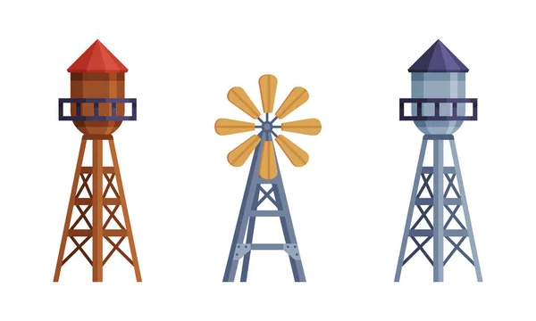 Metal Water Tower or Water Tank and Windmill with Rotating Wheel Vector Set — Stock vektor