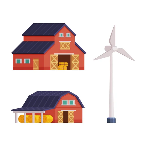 Timbered Red Barn or Granary for Crop Storage and Wind Generator Vector Set — Stok Vektör