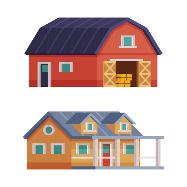 Red Barn or Granary for Crop Storage and Rustic House with Porch Vector Set — Vetor de Stock