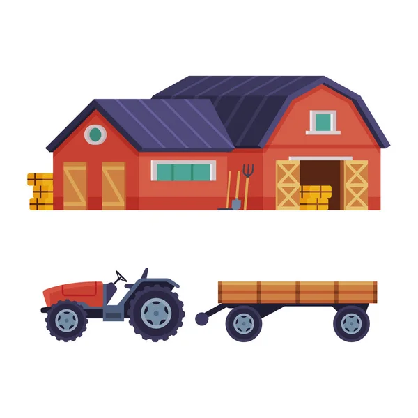 作物の貯蔵とトラクターベクトルセットのためのテーブル状の赤い納屋または穀倉地帯 — ストックベクタ