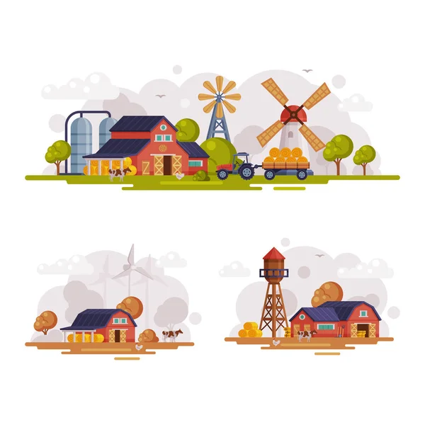 Vista rural o rural con granero, molino de viento y conjunto de vectores de torre de agua — Vector de stock