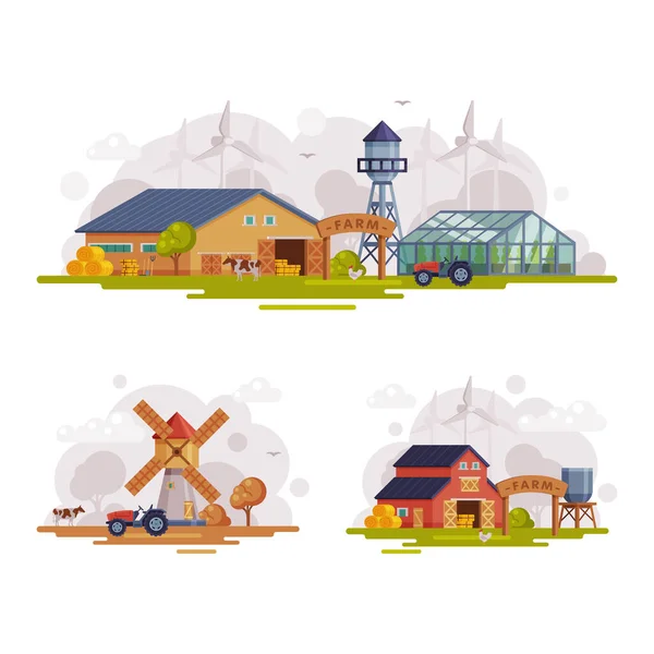 Country or Rural View with Barn House, Windmill and Water Tower Vector Set — Stockvektor
