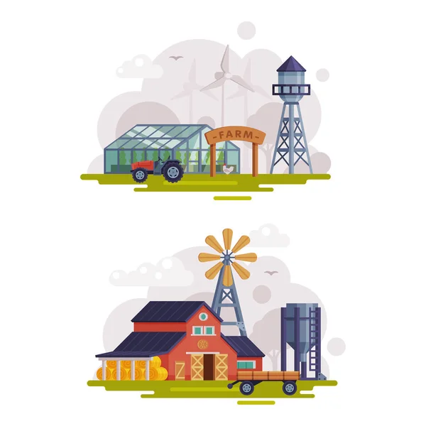 Vista rural o rural con granero, molino de viento y conjunto de vectores de torre de agua — Archivo Imágenes Vectoriales
