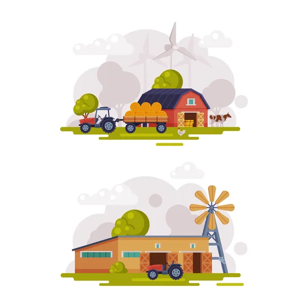 Country or Rural View with Barn House, Windmill and Tractor Vector Set — Archivo Imágenes Vectoriales