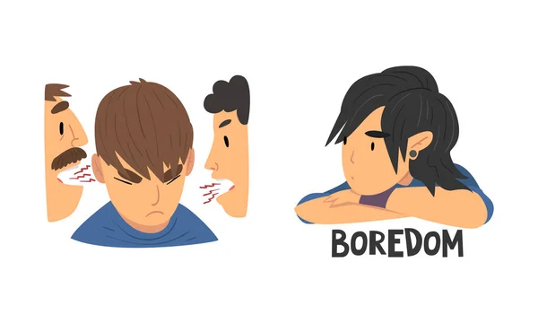 Face of Teenage Boy and Girl Feeling Boredom and Having Conflict with Parent Vector Set — Stockvektor