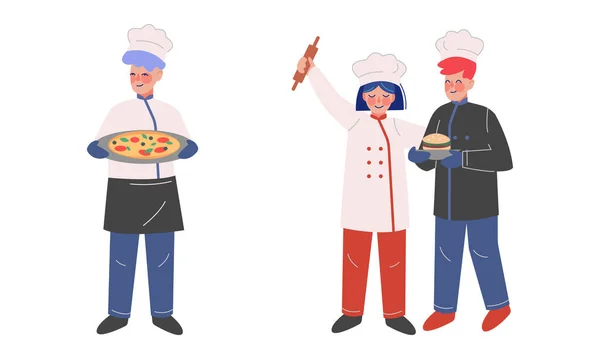 Chef adolescente y chica en Toque blanco y placa de sujeción de chaqueta con hamburguesa y set de vectores de pizza — Vector de stock