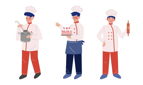 Chef adolescente en Toque blanco y placa de sujeción de chaqueta con pastel dulce y olla con juego de vectores de cucharón — Vector de stock