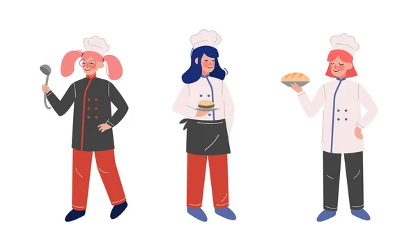 Chef adolescente en Toque blanco y placa de retención de chaqueta con hamburguesa y conjunto de vectores de pan horneado — Vector de stock