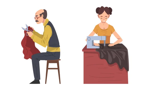 Man and Woman Fashion Designer or Tailor Working at Sewing Machine with Fabric Vector Set — Vetor de Stock