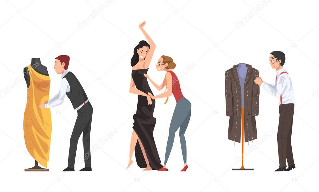 Man and Woman Fashion Designer or Tailor Taking Measurements with Tape for Clothing Garment Model Sewing Vector Set
