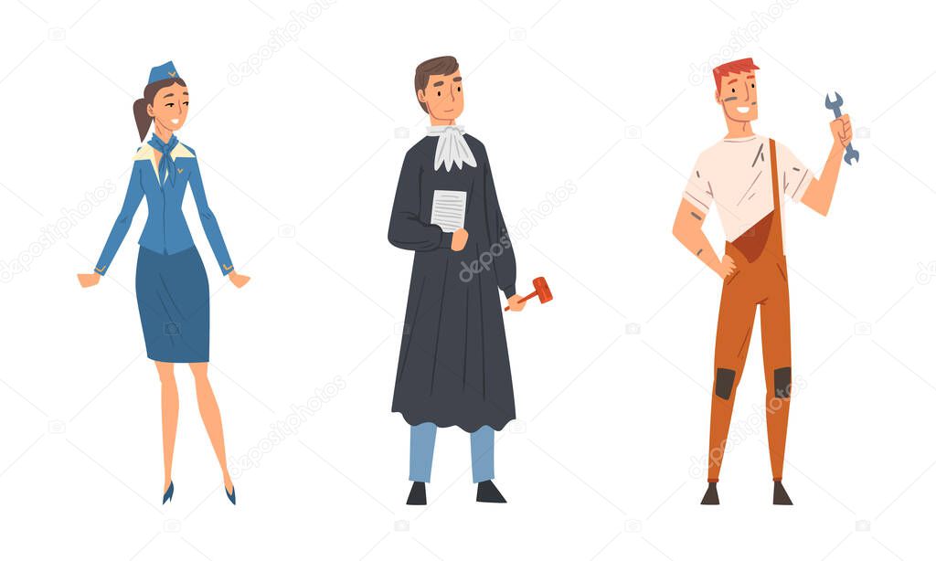 Woman Stewardess and Man Arbitrator with Inscribed Gavel Vector Set