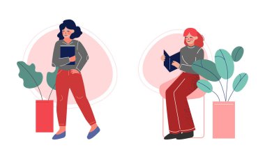 Woman Sitting and Reading Interesting Book Vector Set