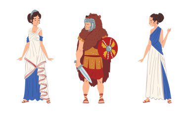 Ancient Roman Soldier or Greek Warrior and Woman in Long Tunic Standing Vector Set