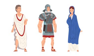 Ancient Roman Soldier or Greek Warrior and Woman in Long Tunic Standing Vector Set