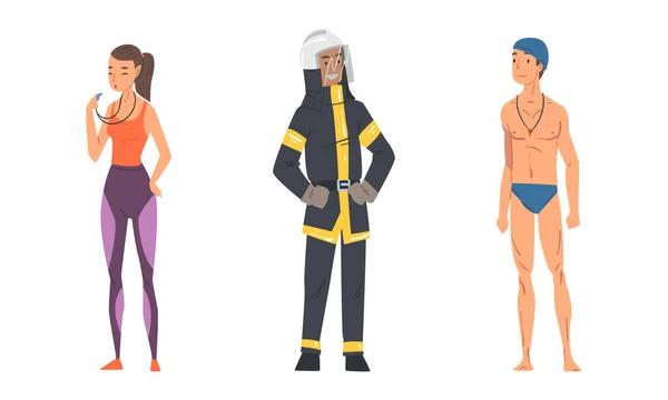 Woman Physical Education Teacher with Whistle and Man Firefighter Vector Set — Archivo Imágenes Vectoriales